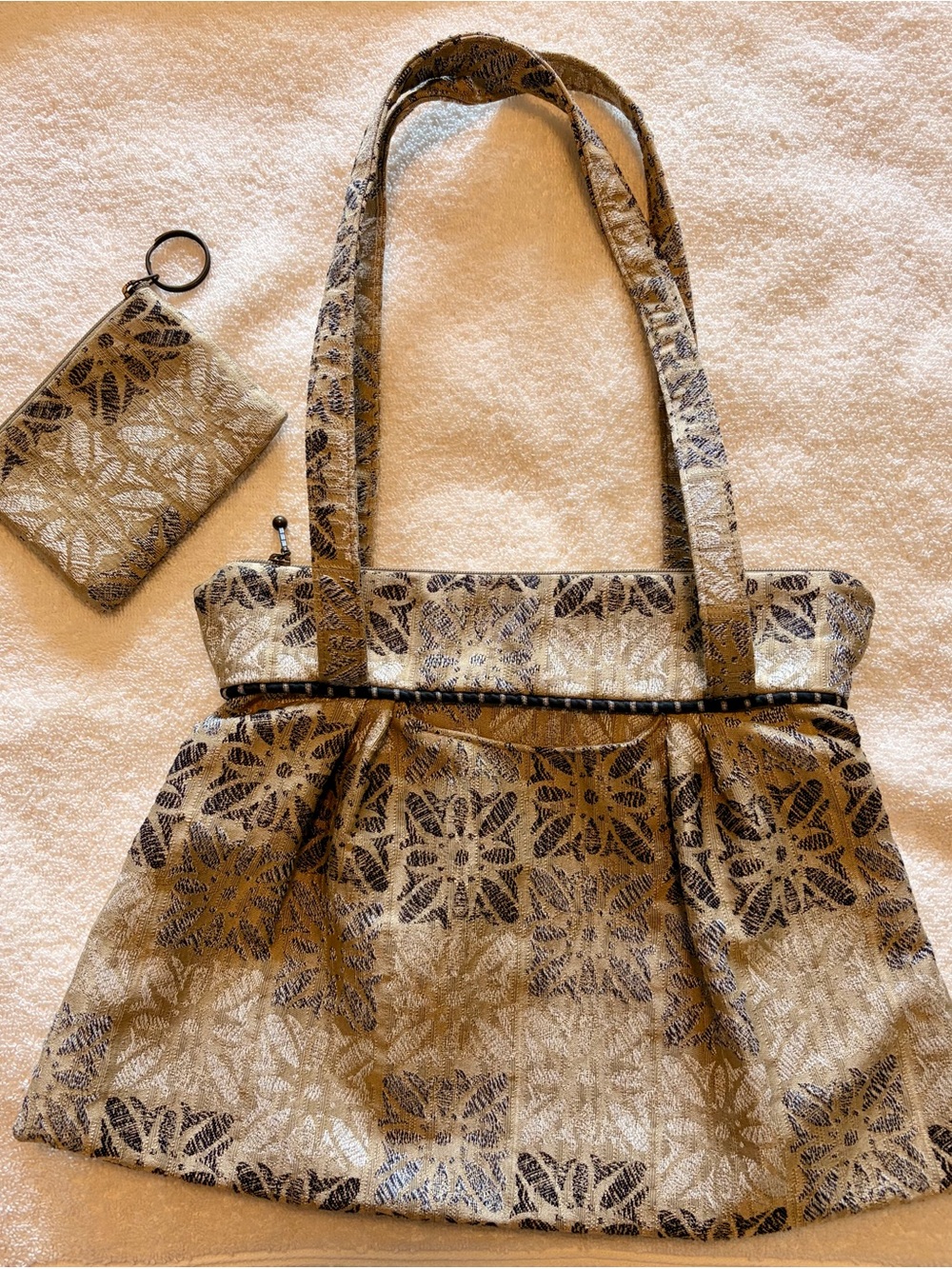 Beige and Black Floral Jacquard Shoulder Bag with Pouch
